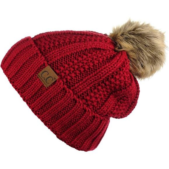 C.C Thick Cable Knit Faux Fuzzy Fur Pom Fleece Lined Skull Cap Cuff Beanie
